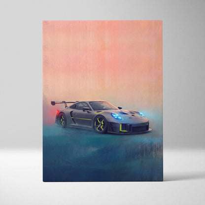 Porsche 935 inspired supercar canvas art featuring a matte gray porsche 911 gt3 rs with yellow accents and blue headlights