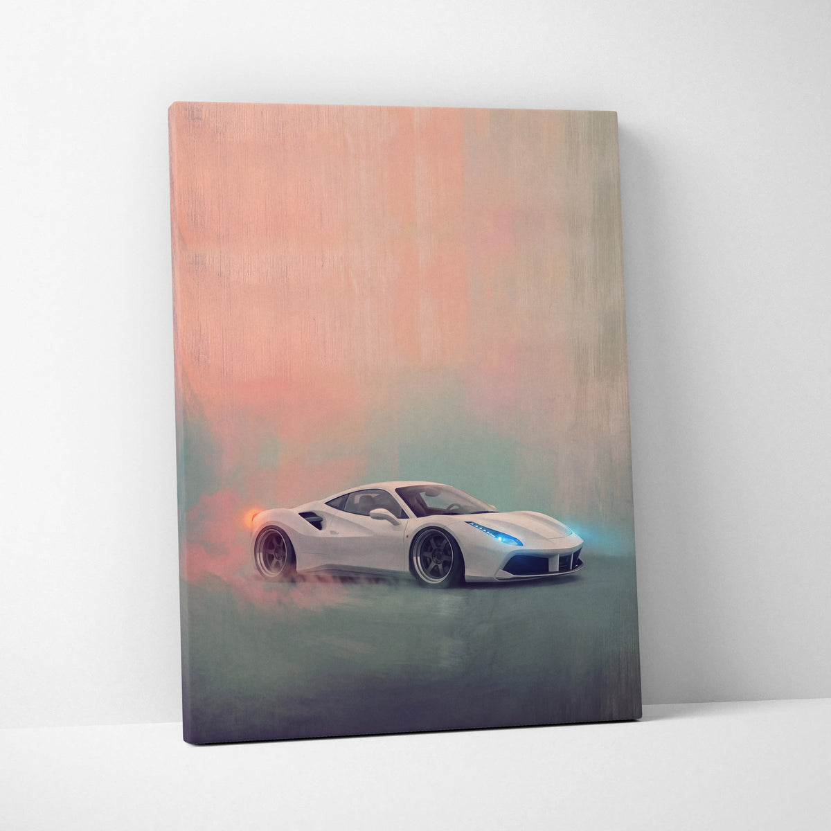 White ferrari 488 gtb inspired canvas art with glowing blue headlights and orange smoke effects for wall decor