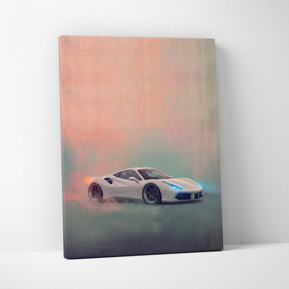 White ferrari 488 gtb inspired canvas art with glowing blue headlights and orange smoke effects for wall decor