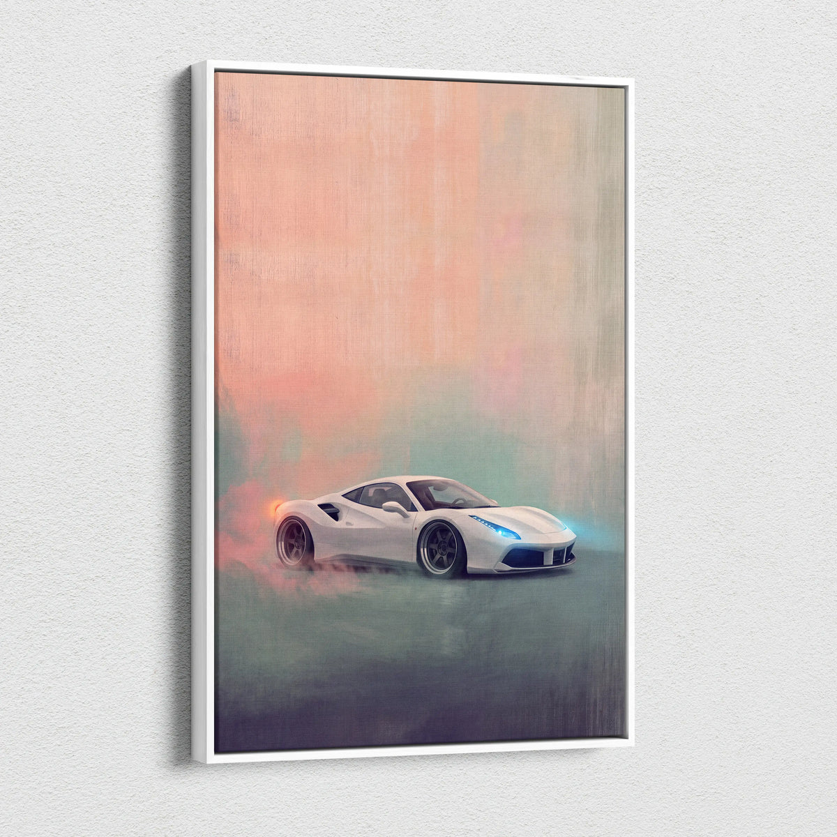 White ferrari 488 gtb inspired canvas art in a sleek white frame premium automotive wall decor