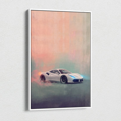 White ferrari 488 gtb inspired canvas art in a sleek white frame premium automotive wall decor