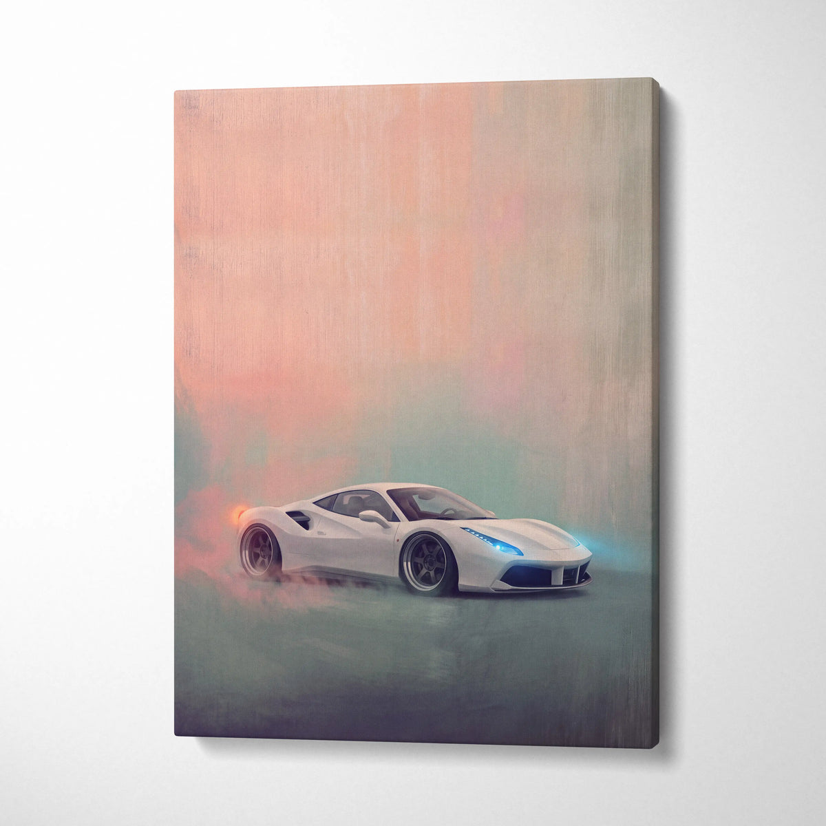 White ferrari 488 gtb inspired canvas art with glowing blue headlights and orange smoke premium wall decor