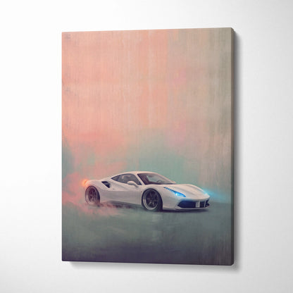 White ferrari 488 gtb inspired canvas art with glowing blue headlights and orange smoke premium wall decor
