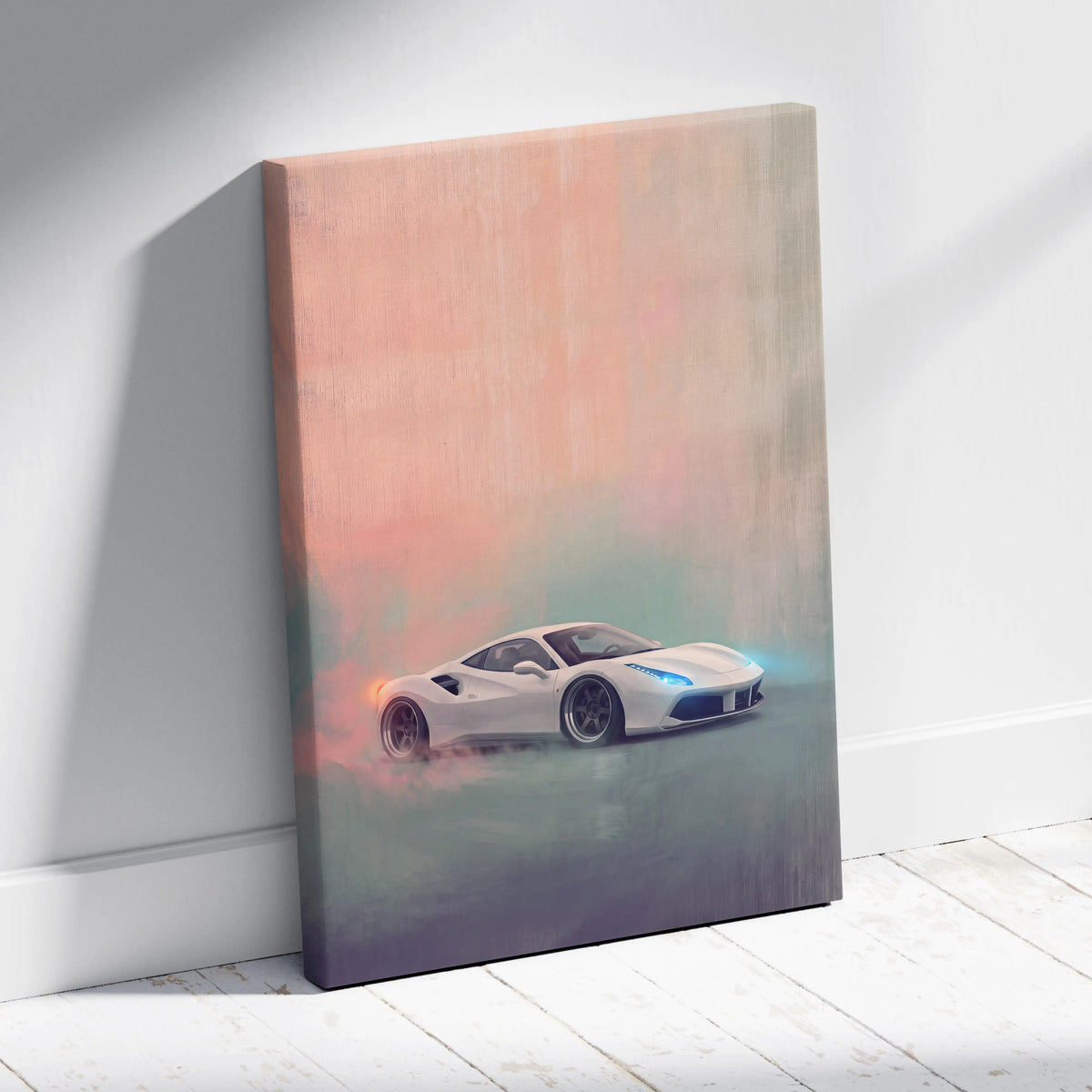 White ferrari 488 gtb inspired canvas art with glowing blue headlights and orange exhaust flames on premium wall decor
