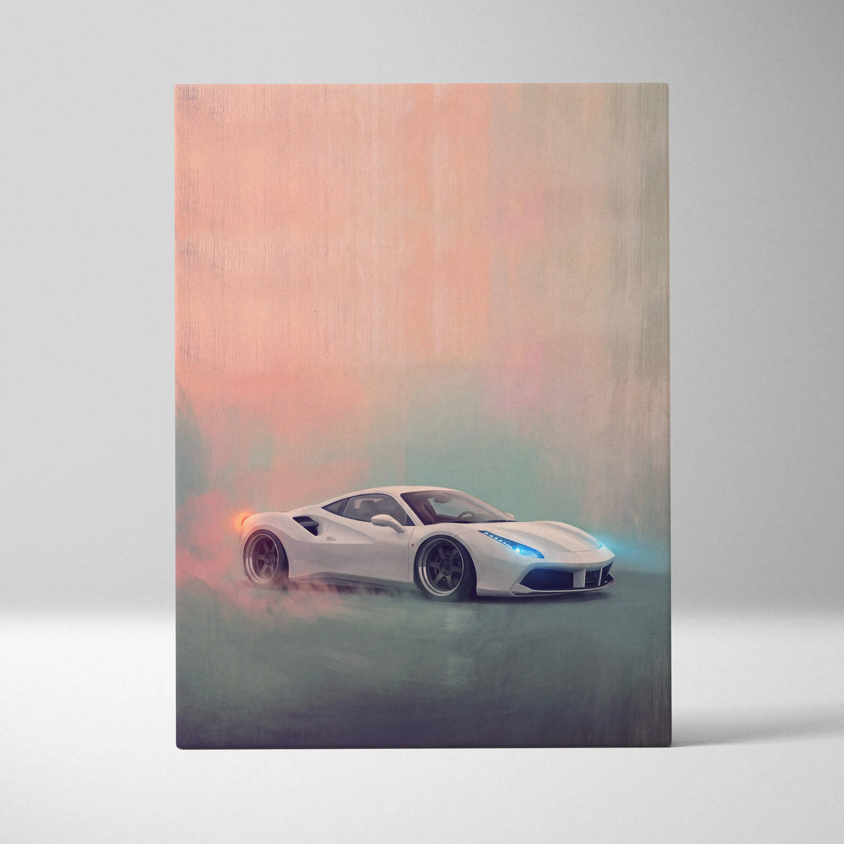 White ferrari 488 gtb inspired canvas art featuring a sports car with glowing blue headlights and orange smoke effects