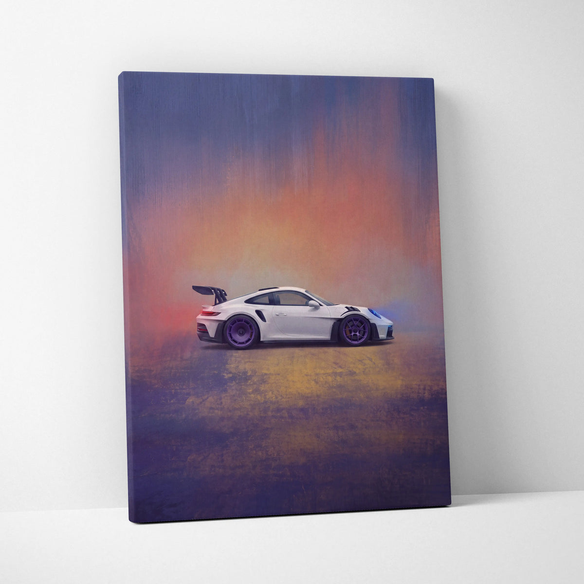 White Porsche 911 GT3 RS inspired car wall art canvas print with purple wheels and vibrant gradient sky background