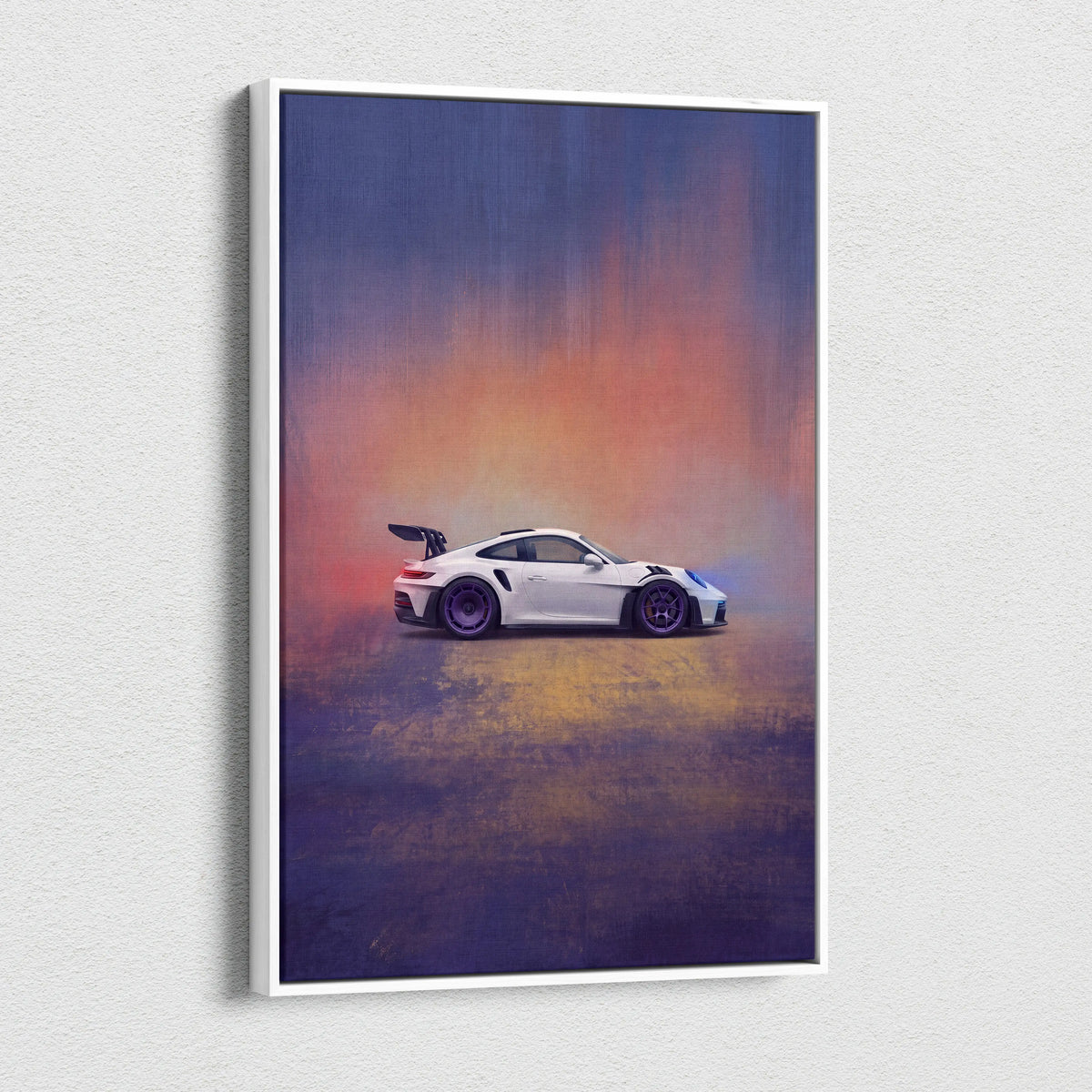 White Porsche 911 GT3 RS sports car side profile on canvas painting print with dramatic orange and purple gradient sky background