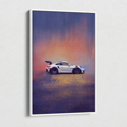 White Porsche 911 GT3 RS sports car side profile on canvas painting print with dramatic orange and purple gradient sky background