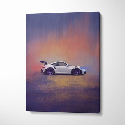 White Porsche 911 GT3 RS sports car canvas print with purple wheels and a vibrant gradient sky background