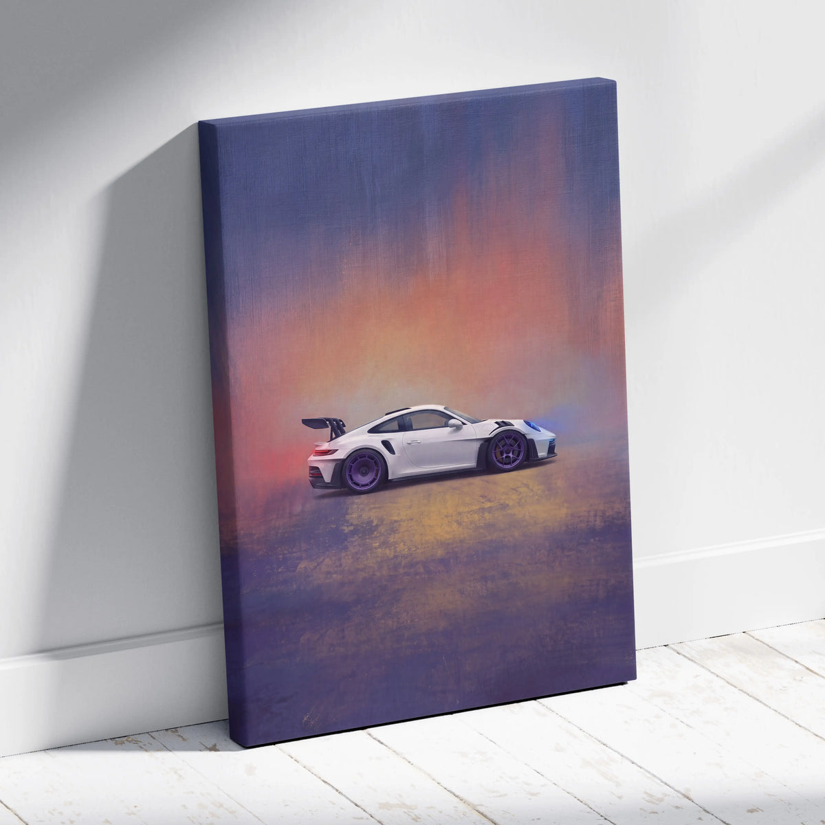 White porsche 911 gt3 rs canvas print featuring sleek sports car against dramatic gradient sky track edition wall art