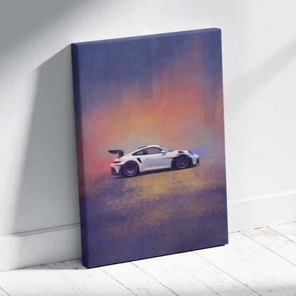 White porsche 911 gt3 rs canvas print featuring sleek sports car against dramatic gradient sky track edition wall art
