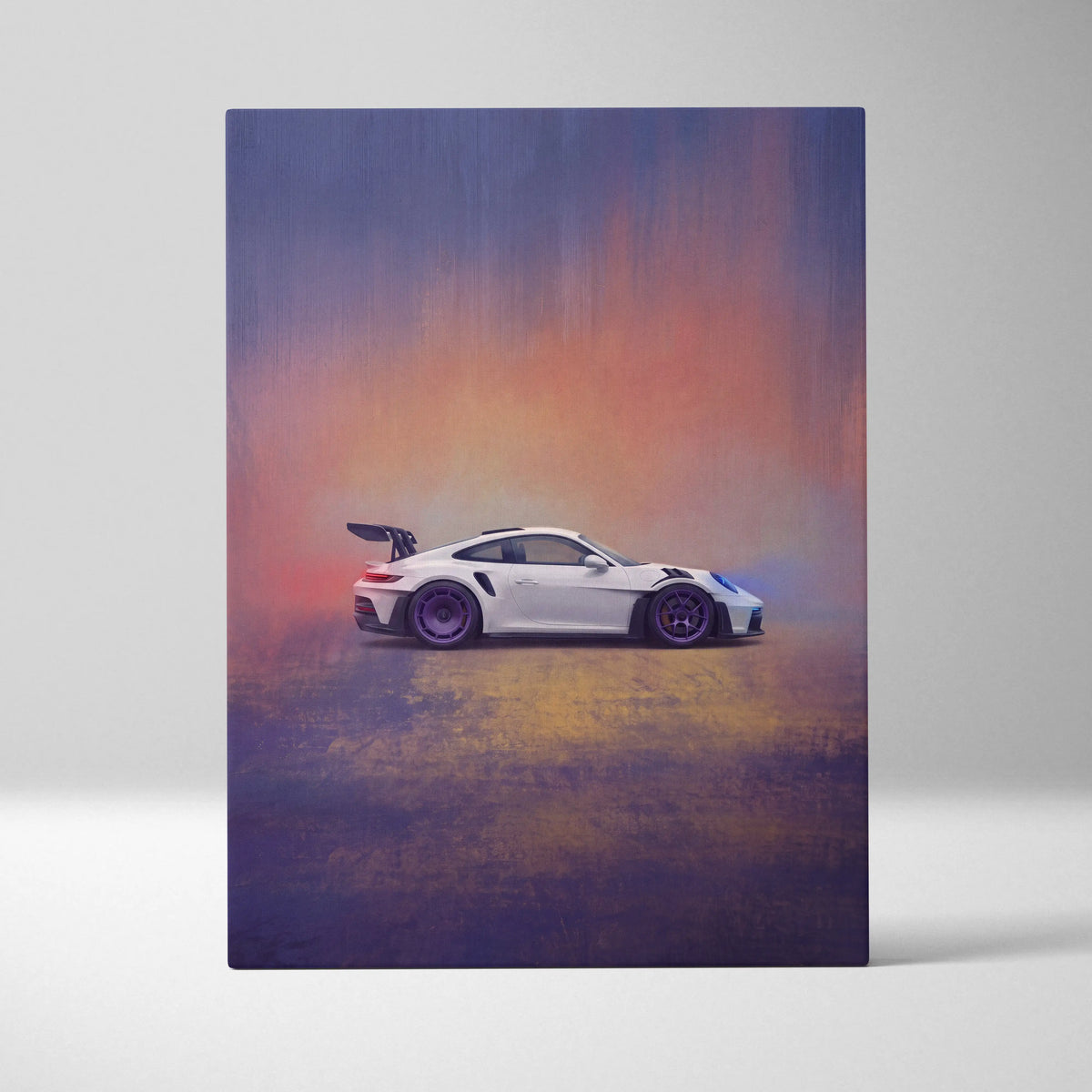Porsche 911 GT3 RS inspired car wall art featuring white sports car with black racing stripes and purple wheels on canvas print