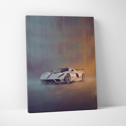 White koenigsegg hypercar canvas print with red and blue racing stripes for hennessey venom f5 inspired wall art