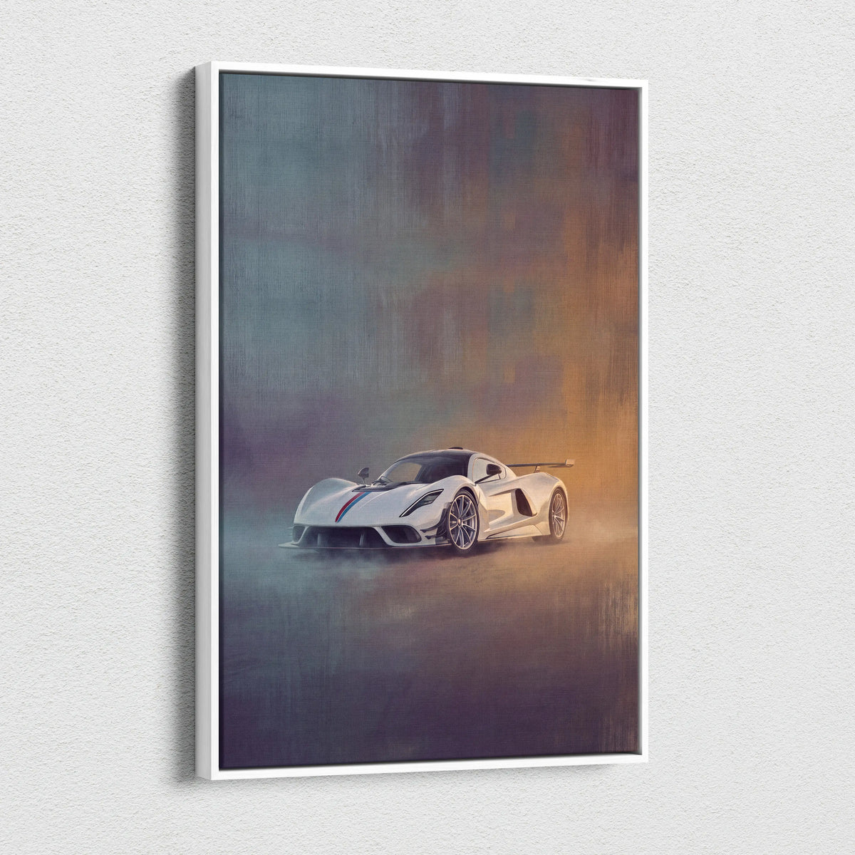 White framed canvas print of hennessey venom f5 inspired sports car with red and black racing stripes wall art