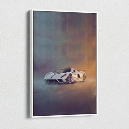 White framed canvas print of hennessey venom f5 inspired sports car with red and black racing stripes wall art
