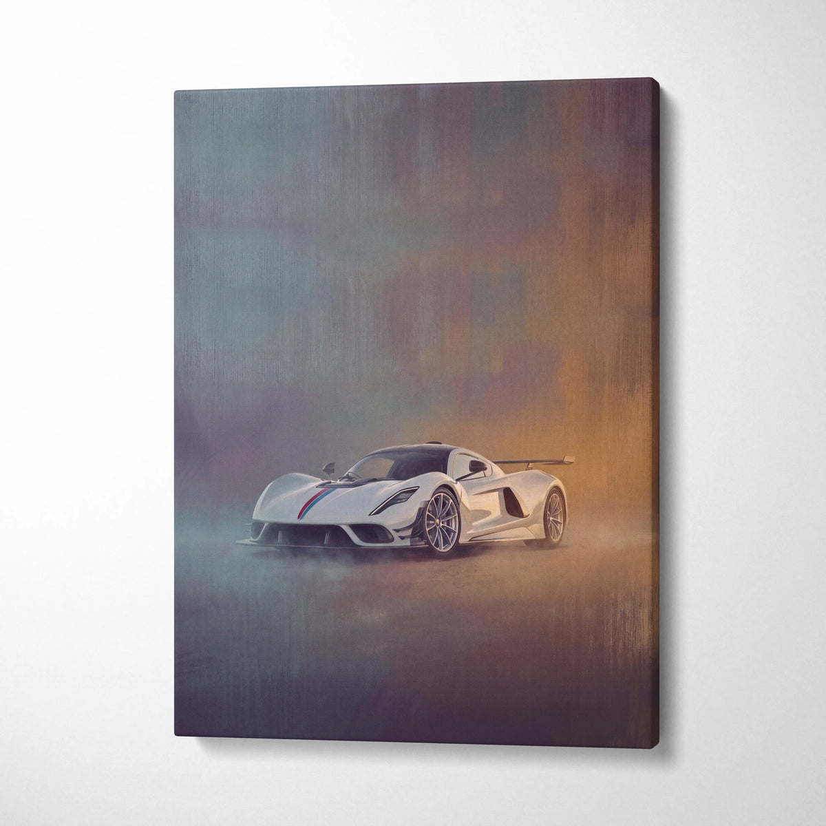White hennessey venom f5 sports car with red and blue racing stripes in a stylized automotive wall art canvas print