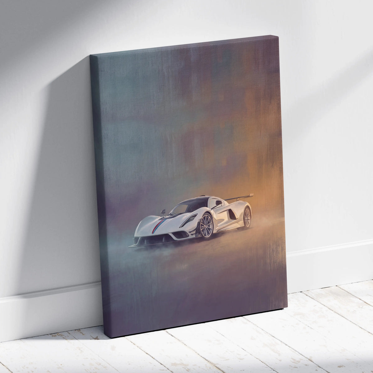 White sports car canvas print with red and blue racing stripes featuring a hennessey venom f5 inspired design