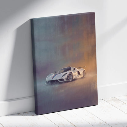 White sports car canvas print with red and blue racing stripes featuring a hennessey venom f5 inspired design