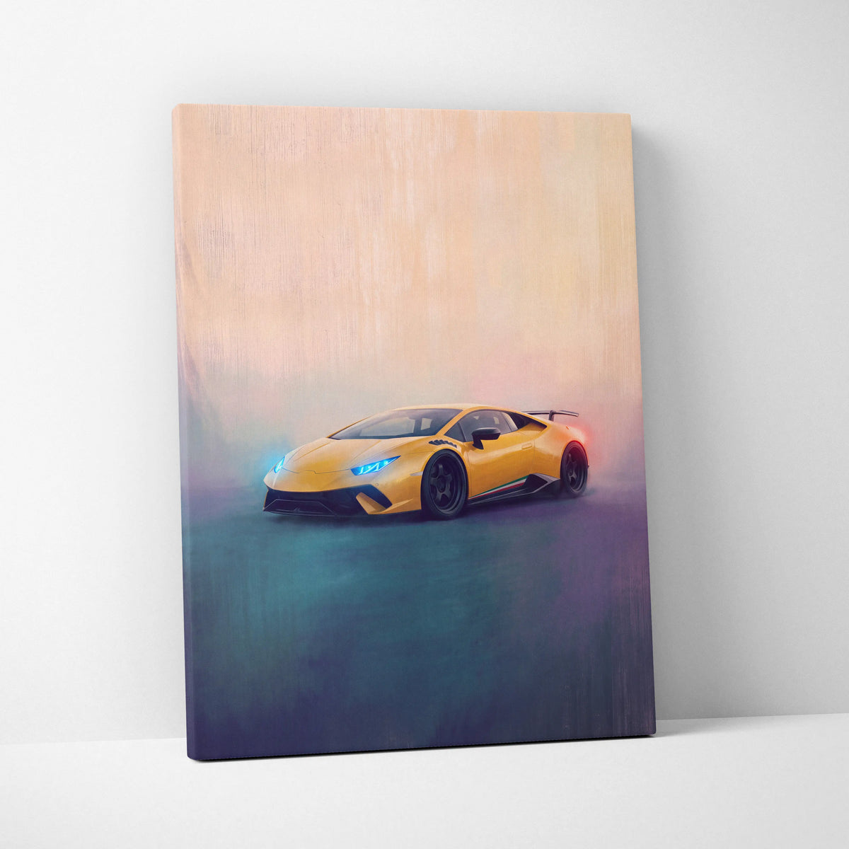 Vibrant yellow Lamborghini Huracán STO inspired custom sports car canvas art print for wall decoration