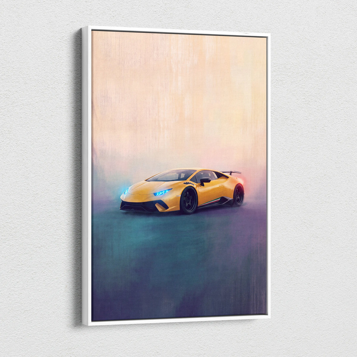 A vibrant yellow lamborghini huracán sports car in painterly artwork displayed in a sleek white frame canvas art print