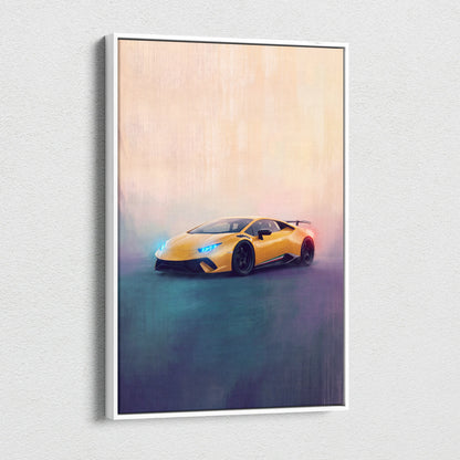 A vibrant yellow lamborghini huracán sports car in painterly artwork displayed in a sleek white frame canvas art print