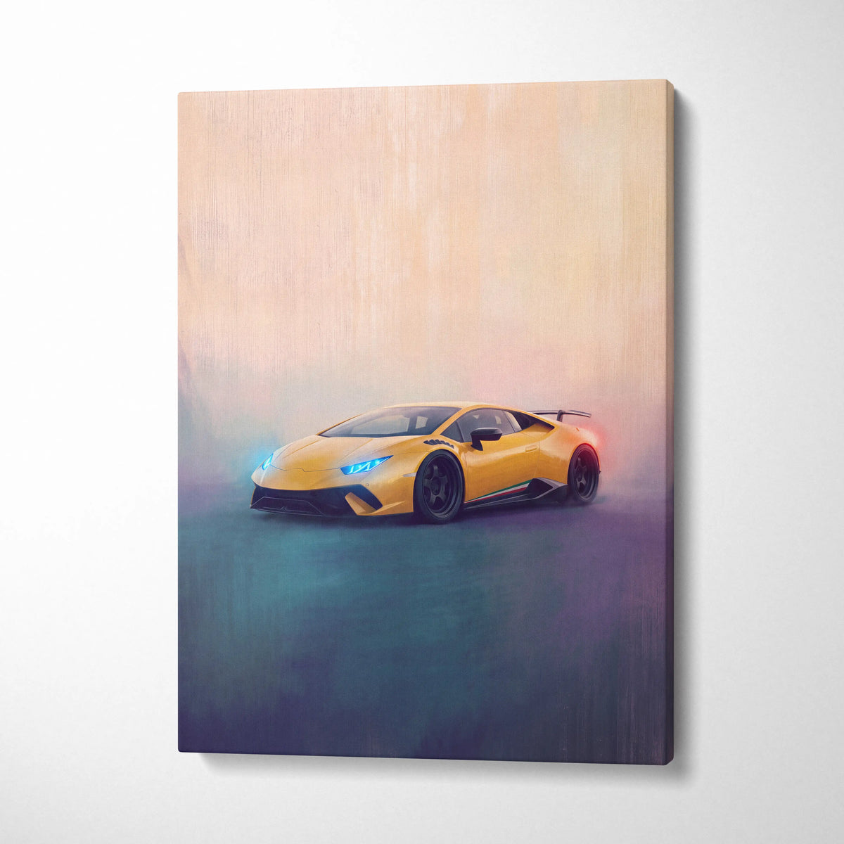 Vibrant yellow lamborghini huracán sto inspired supercar printed on a stylized painterly canvas for car wall art