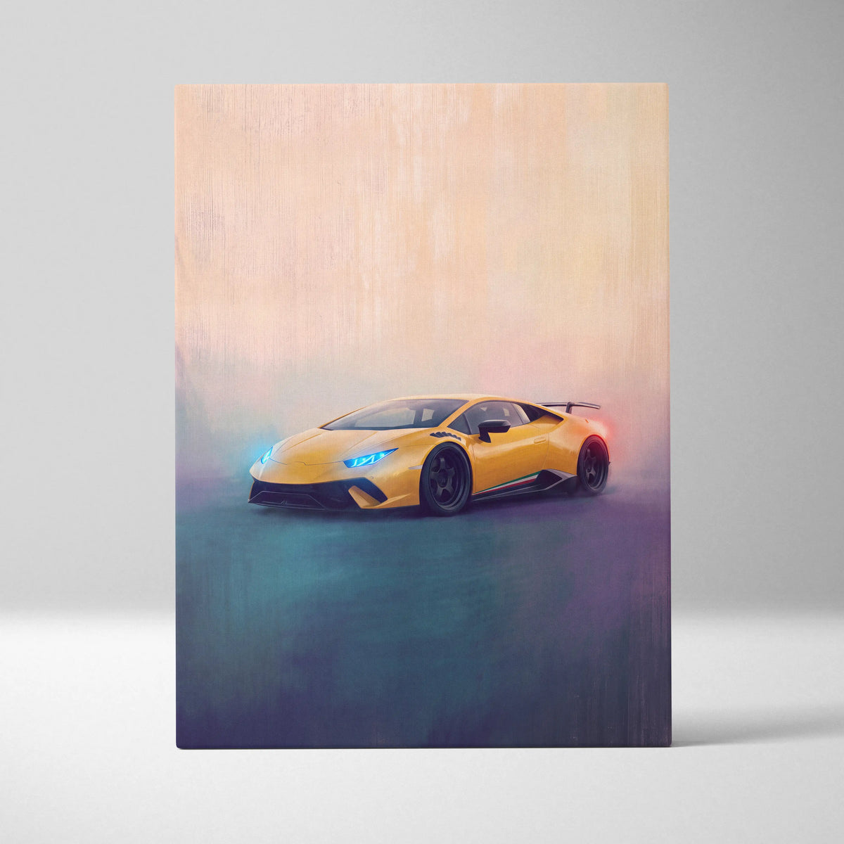 Vibrant yellow Lamborghini Huracán STO inspired sports car canvas art print with glowing blue headlights and sleek design