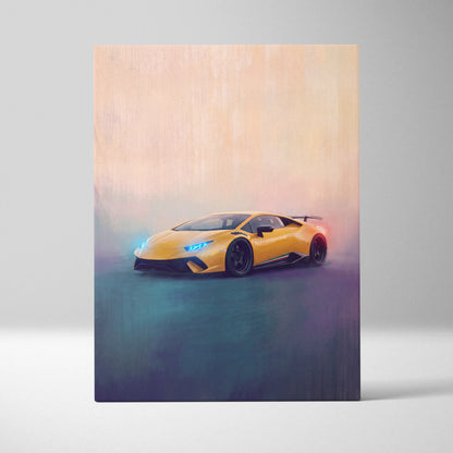 Vibrant yellow Lamborghini Huracán STO inspired sports car canvas art print with glowing blue headlights and sleek design