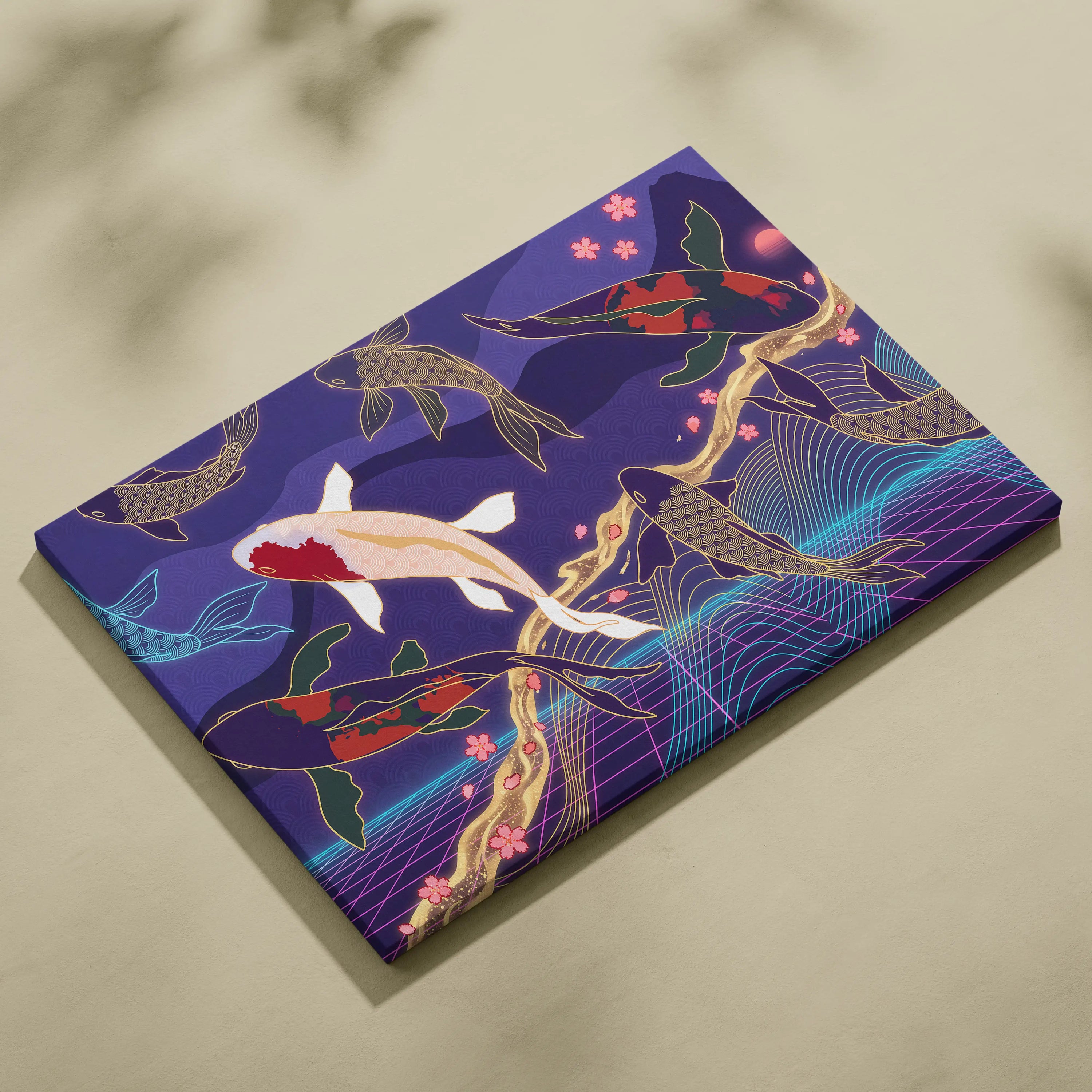 Koi Fuji Neon Pastel Purple Wall Art - Dreamy Nostalgic Mood Retro Futurism Living Room Wall Decor Canvas Art