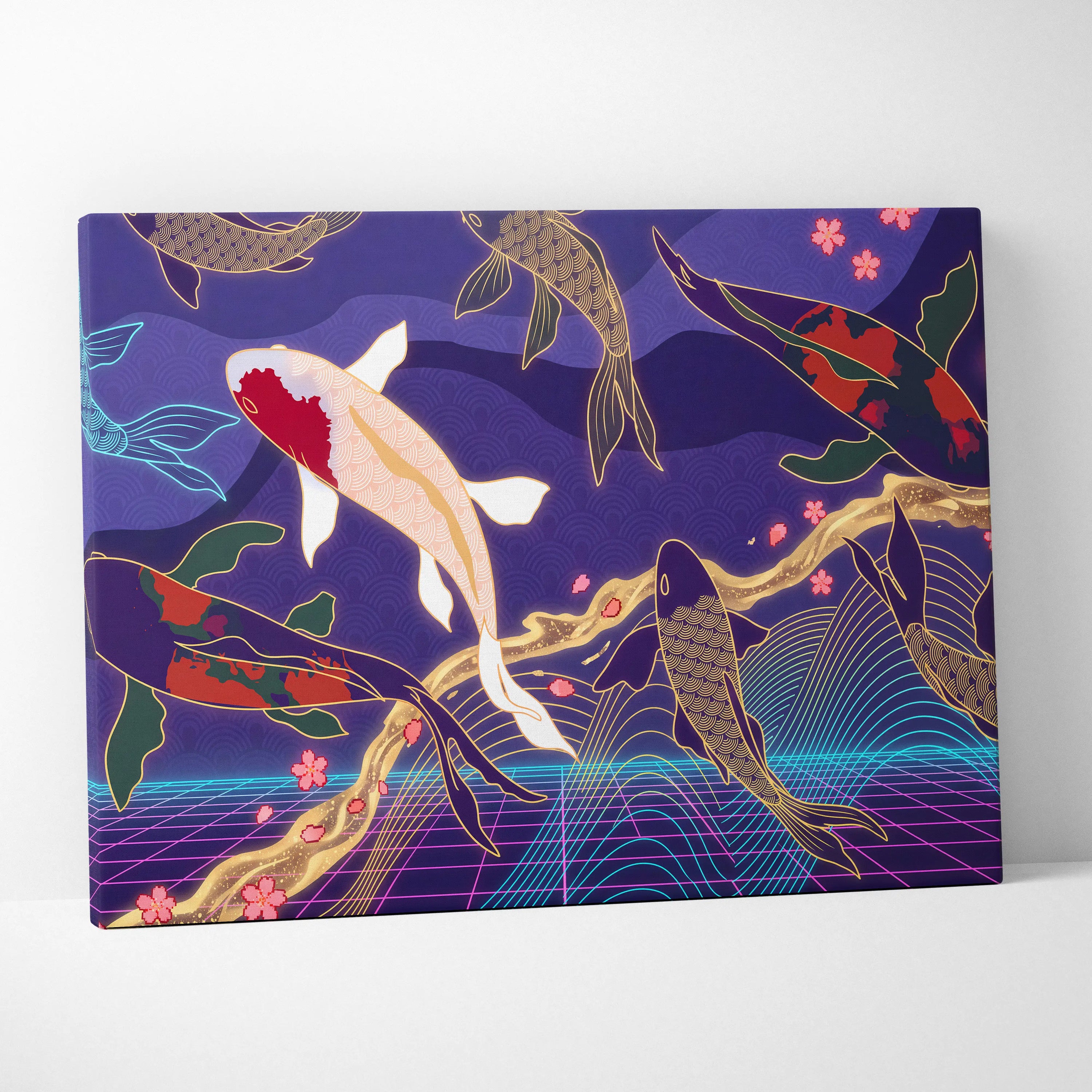 Koi Fuji Neon Pastel Purple Wall Art - Dreamy Nostalgic Mood Retro Futurism Living Room Wall Decor Canvas Art