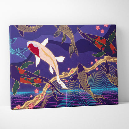 Koi Fuji Neon Pastel Purple Wall Art - Dreamy Nostalgic Mood Retro Futurism Living Room Wall Decor Canvas Art