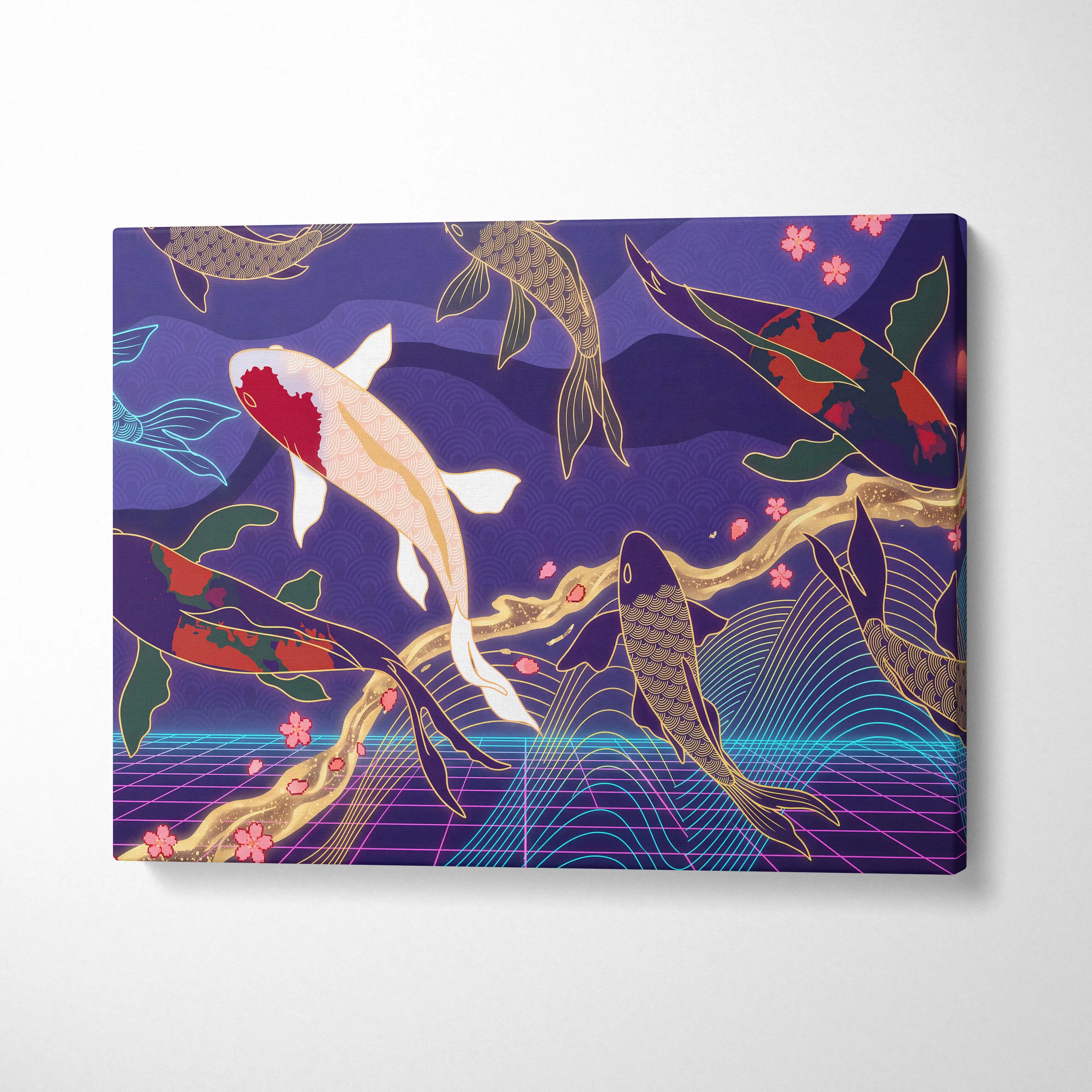 Koi Fuji Neon Pastel Purple Wall Art - Dreamy Nostalgic Mood Retro Futurism Living Room Wall Decor Canvas Art