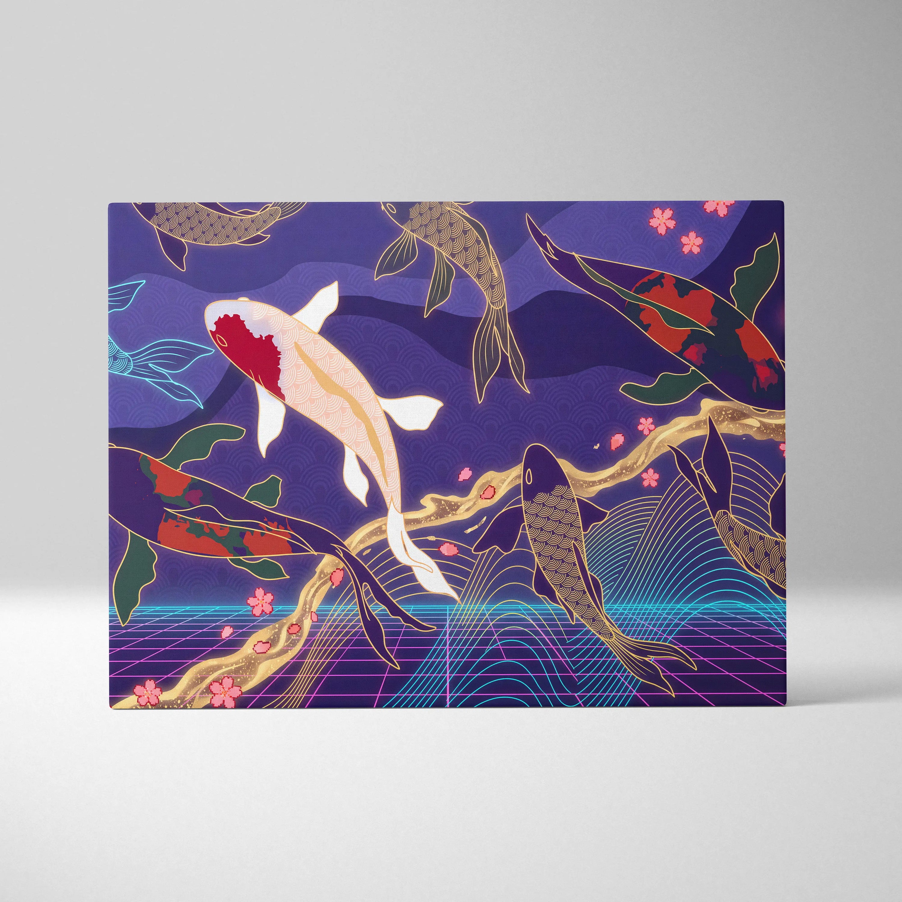 Koi Fuji Neon Pastel Purple Wall Art - Dreamy Nostalgic Mood Retro Futurism Living Room Wall Decor Canvas Art