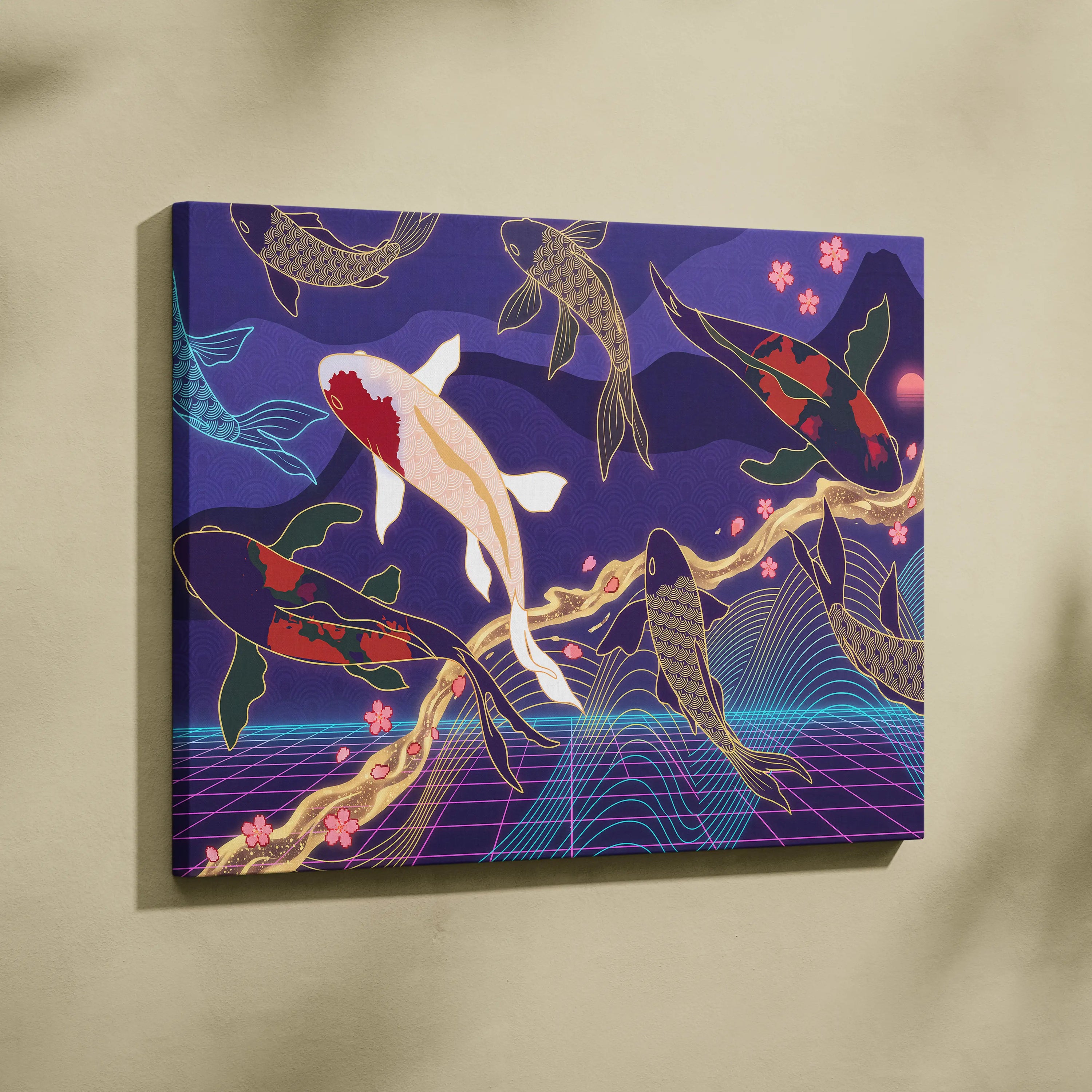 Koi Fuji Neon Pastel Purple Wall Art - Dreamy Nostalgic Mood Retro Futurism Living Room Wall Decor Canvas Art
