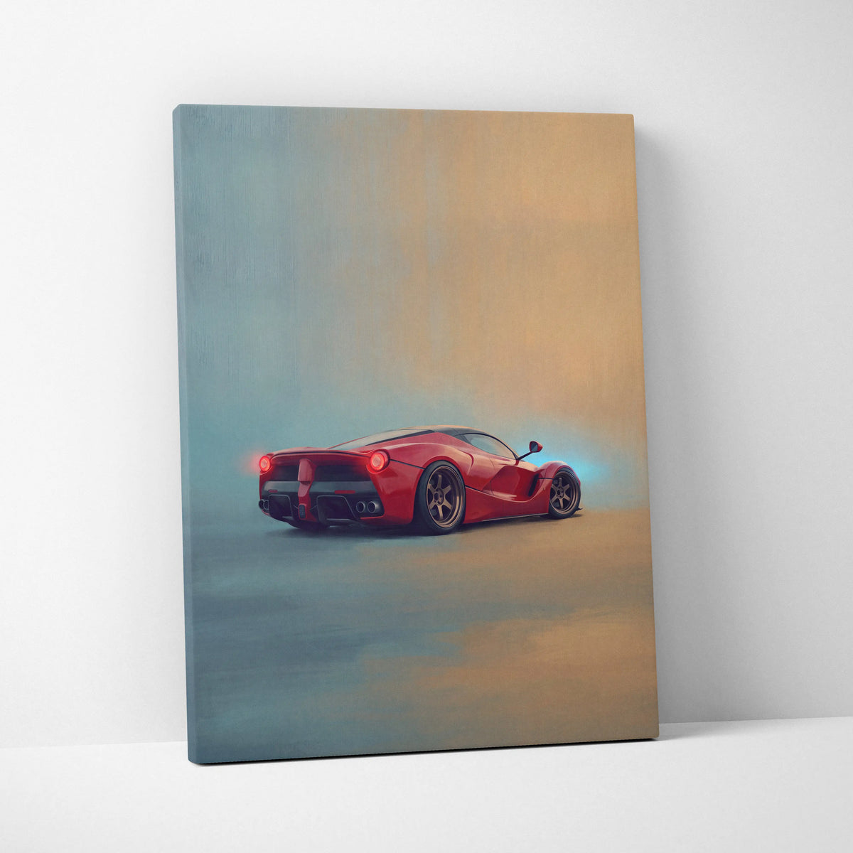 Red Ferrari LaFerrari sports car canvas print featuring luxury supercar wall art for automotive decor