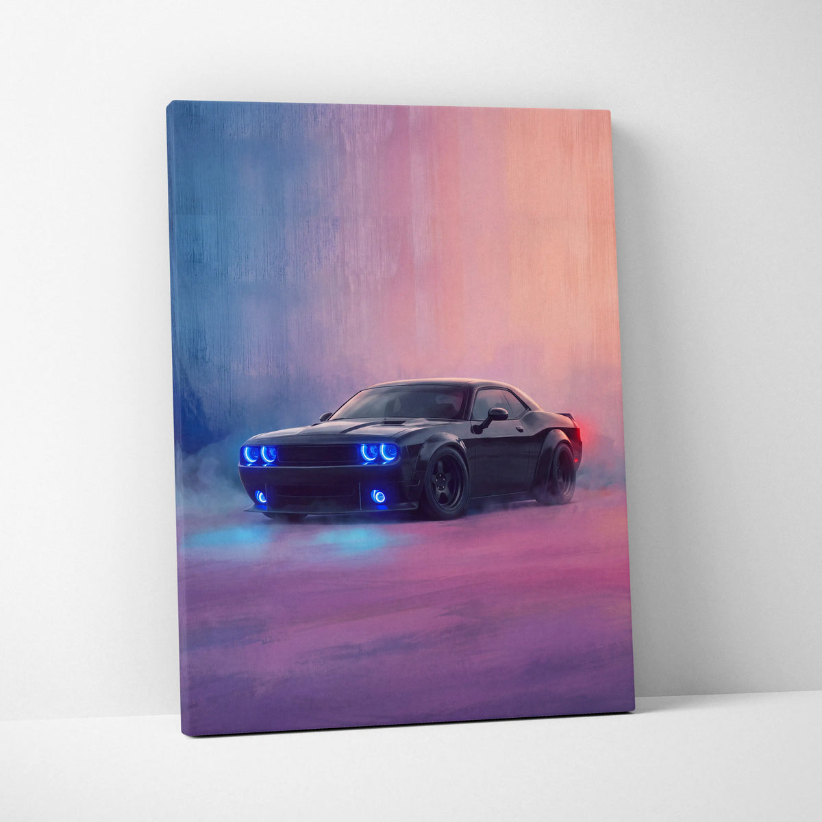 Black dodge challenger srt inspired canvas art with glowing blue headlights on purple pink gradient background wall decor