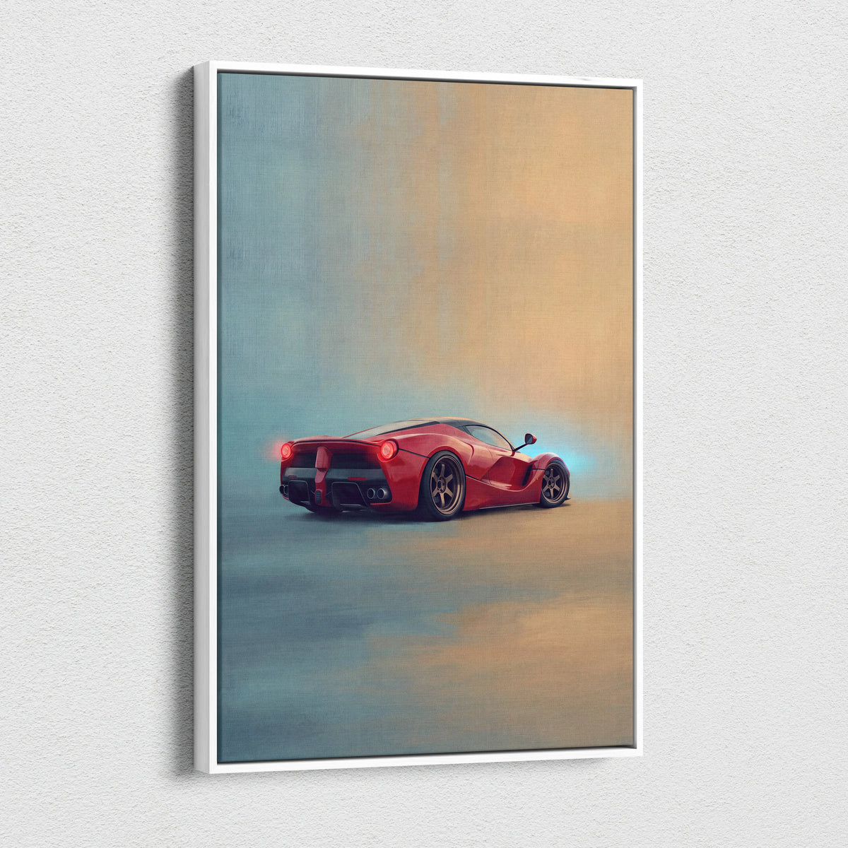 Red Ferrari LaFerrari sports car illustration on white-framed canvas print for luxury automotive wall art