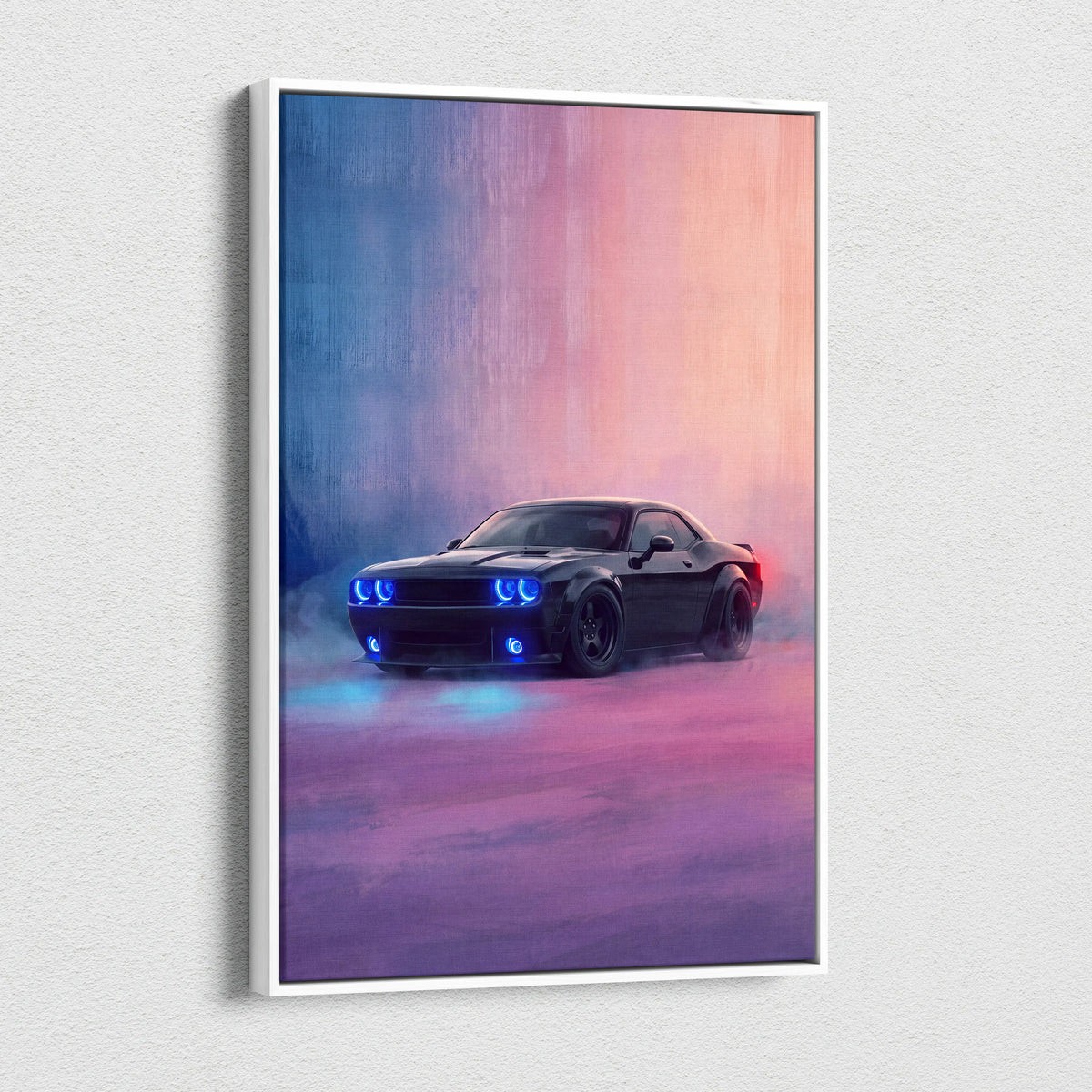 Black dodge challenger srt inspired canvas art with glowing blue headlights on purple pink gradient background wall decor