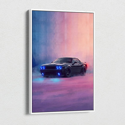 Black dodge challenger srt inspired canvas art with glowing blue headlights on purple pink gradient background wall decor