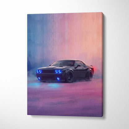 Black dodge challenger srt inspired canvas print with glowing blue headlights on purple pink gradient background wall decor