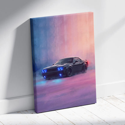 Black dodge challenger srt inspired automotive canvas art with glowing blue headlights on vibrant gradient background