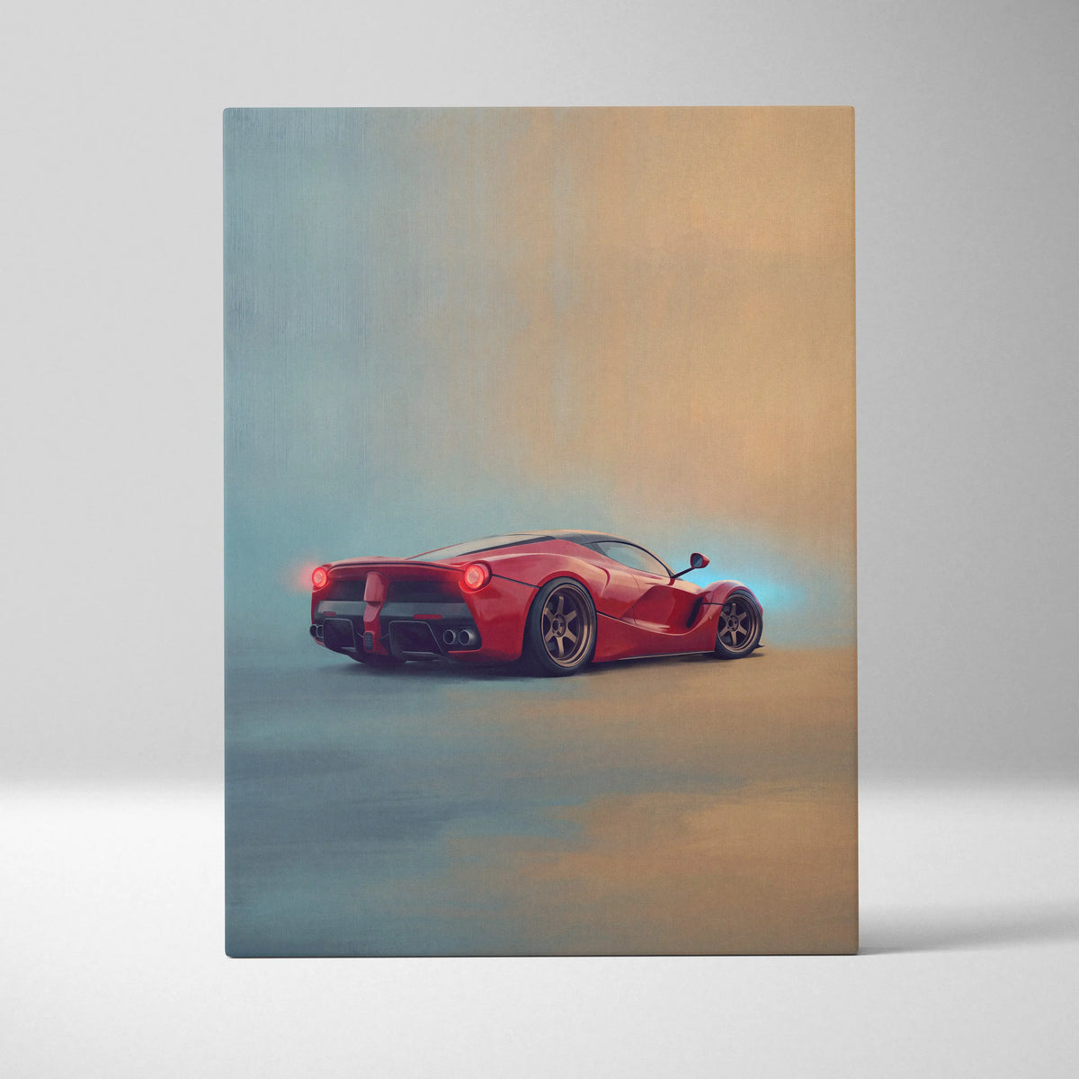 Vibrant red Ferrari LaFerrari inspired automotive wall art canvas print with glowing rear lights and blue aura effects