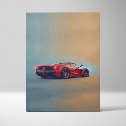 Vibrant red Ferrari LaFerrari inspired automotive wall art canvas print with glowing rear lights and blue aura effects