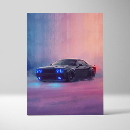 Black dodge challenger srt inspired automotive canvas art with glowing blue headlights and red taillight on purple pink background