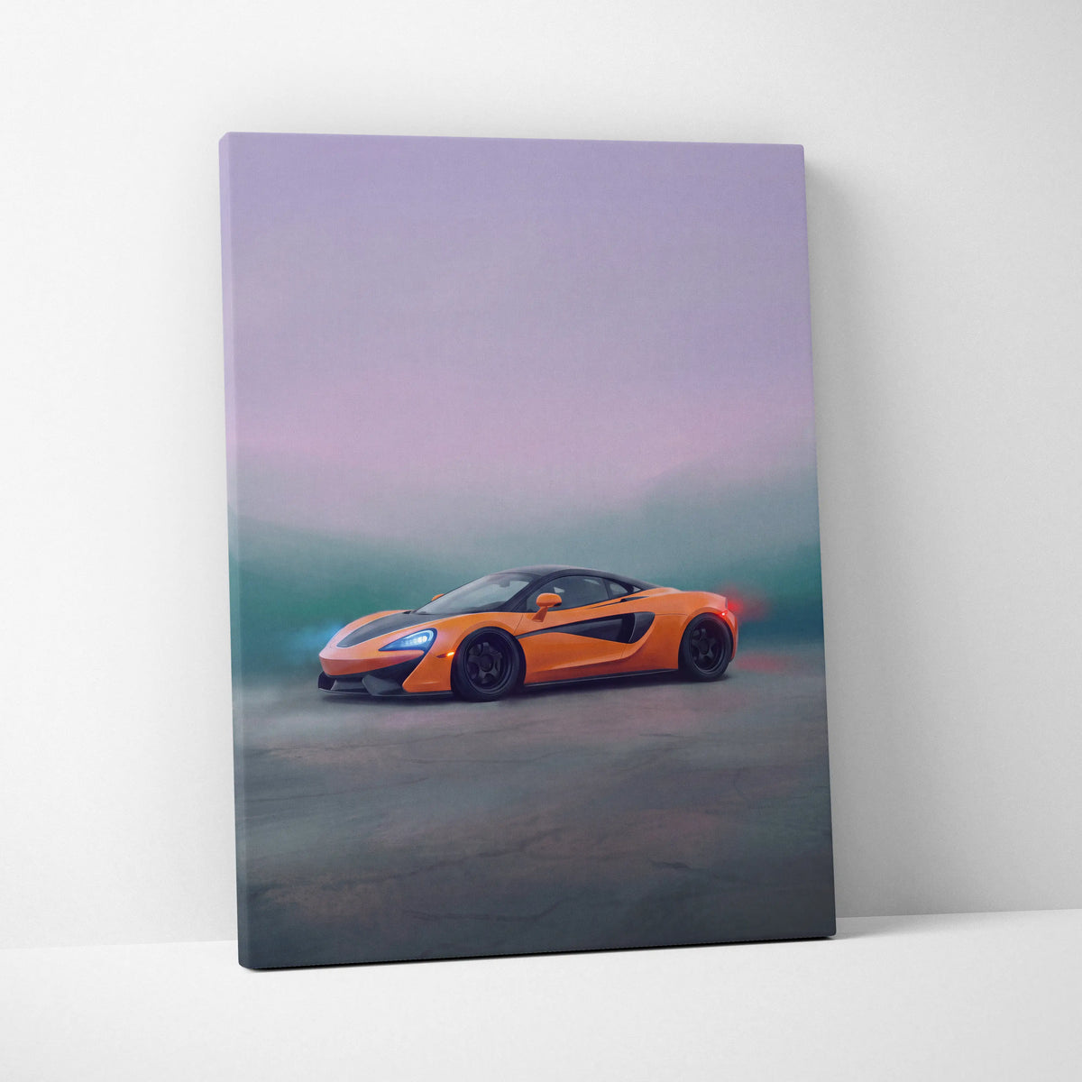 Orange mclaren 570s inspired canvas art featuring premium automotive wall decor in vibrant orange color