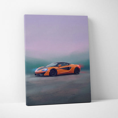 Orange mclaren 570s inspired canvas art featuring premium automotive wall decor in vibrant orange color