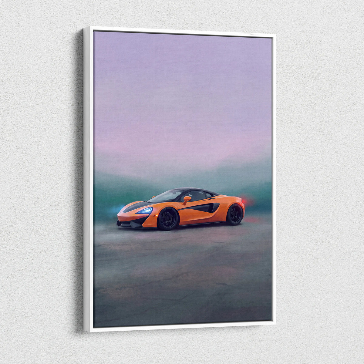 Premium automotive wall decor featuring an orange mclaren 570s sports car with black accents on a framed canvas print