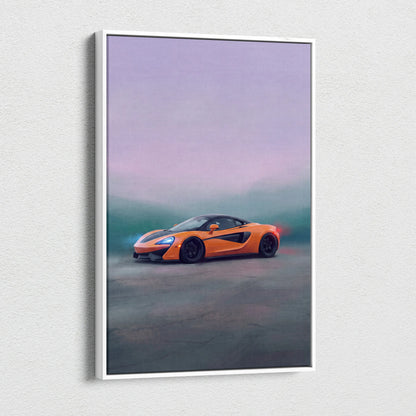 Premium automotive wall decor featuring an orange mclaren 570s sports car with black accents on a framed canvas print