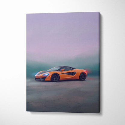 McLaren 570s inspired canvas art featuring a vibrant orange sports car with sleek design and glowing headlights