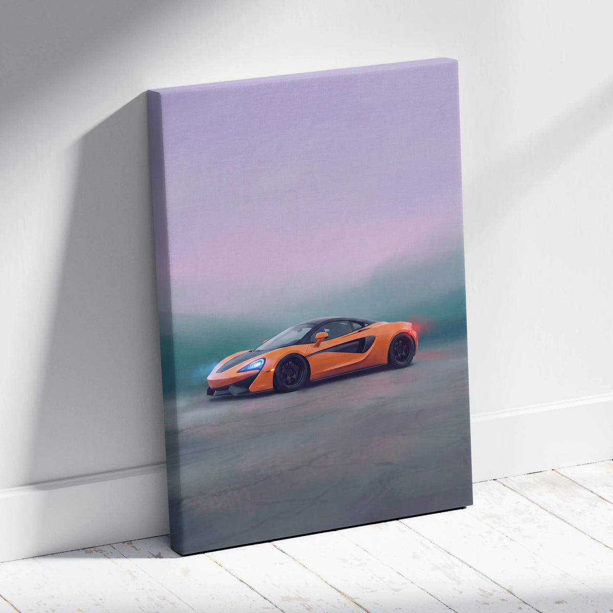 Premium orange mclaren 570s inspired canvas art featuring a vibrant sports car print for automotive wall decor